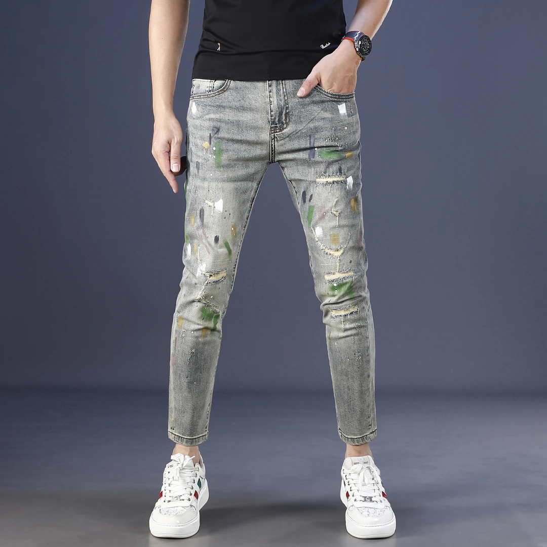 潮牌涂鸦牛仔裤男款爆款2025新款秋冬款修身小脚弹力休闲九分裤男