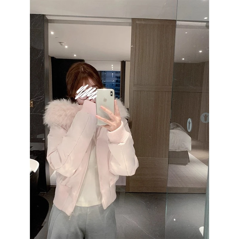 冬季粉色棉服保暖外套女款2025新款大毛领加厚棉衣短款棉袄甜美