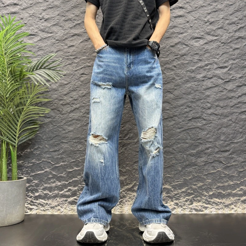 闪电纹破洞直筒宽松时尚休闲男裤新款百男款复古闪电纹直筒牛仔裤