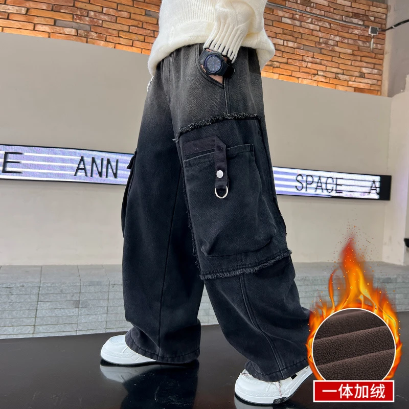 男童冬装新款加绒加厚牛仔裤2024帅气儿童冬季潮牌男孩裤子MF8353