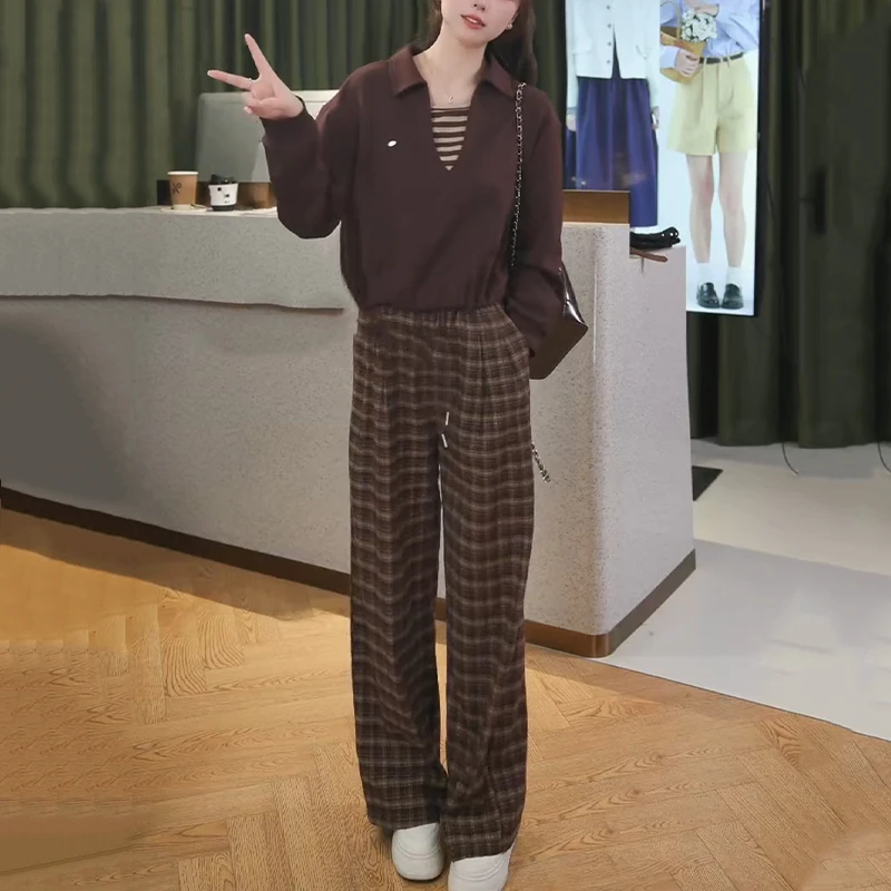 复古格纹时尚套装女秋季新款假两件长袖上衣松紧休闲裤两件套1671