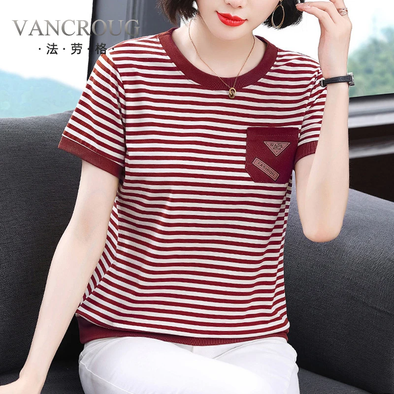 法劳格妈妈棉条纹短袖T恤女2025新款中老年宽松圆领洋洋气衣服