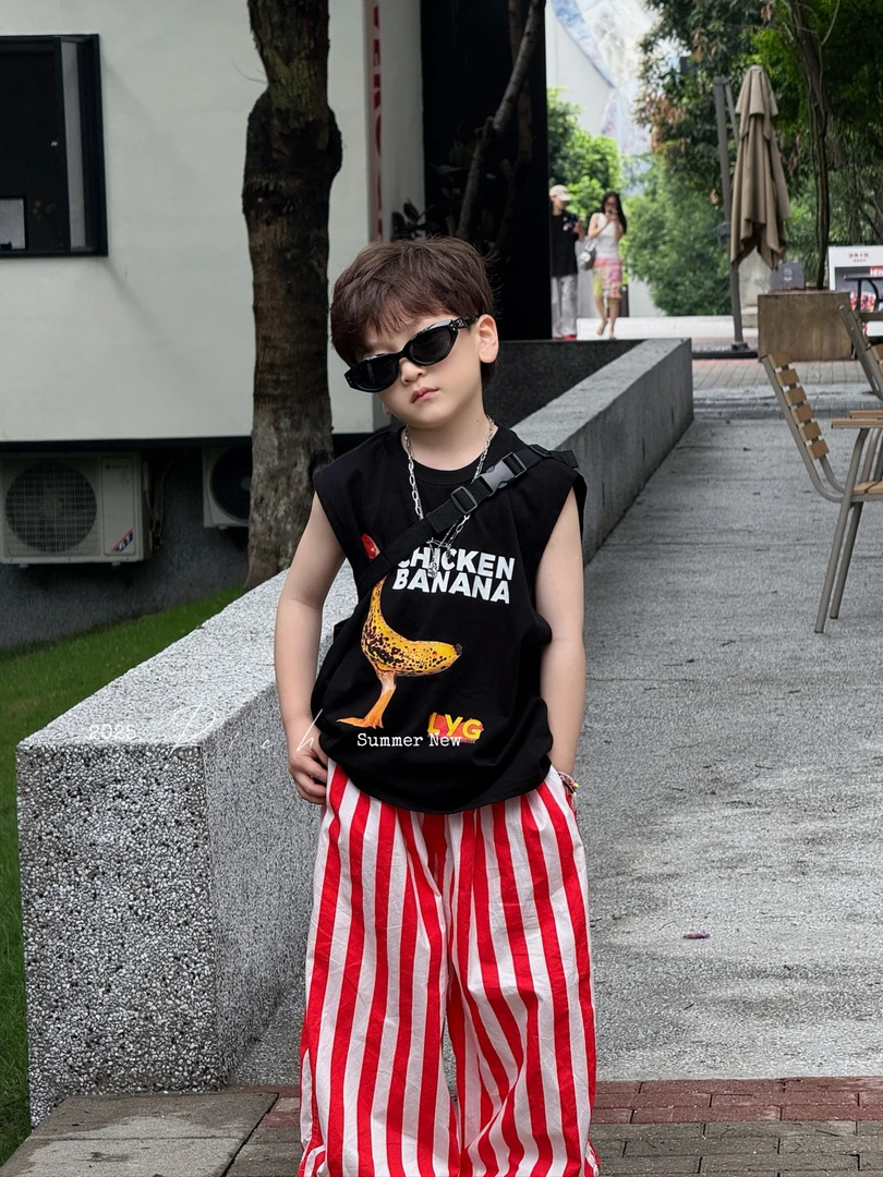 卤蛋童装【小鸡香蕉】无袖背心黑色阔版男女童25081