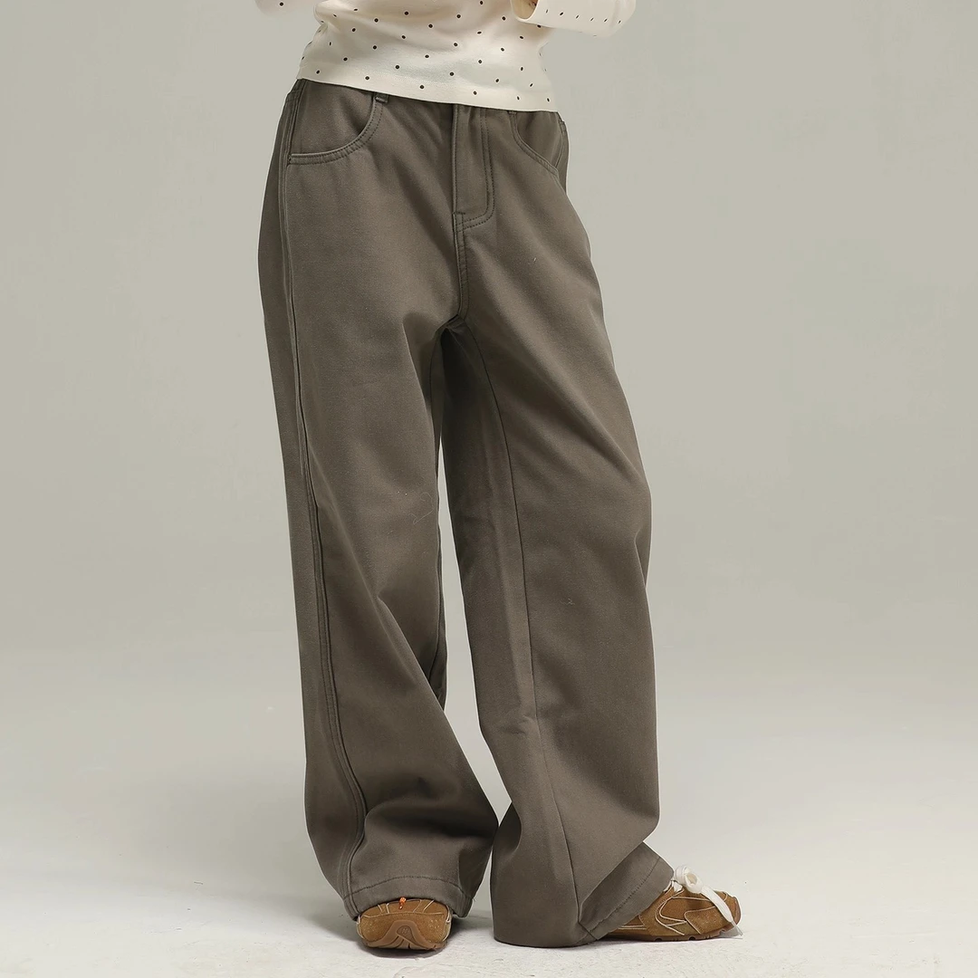 小女森女秋冬加绒裤子美式复古阔腿裤儿童休闲美拉德宽松直筒长裤