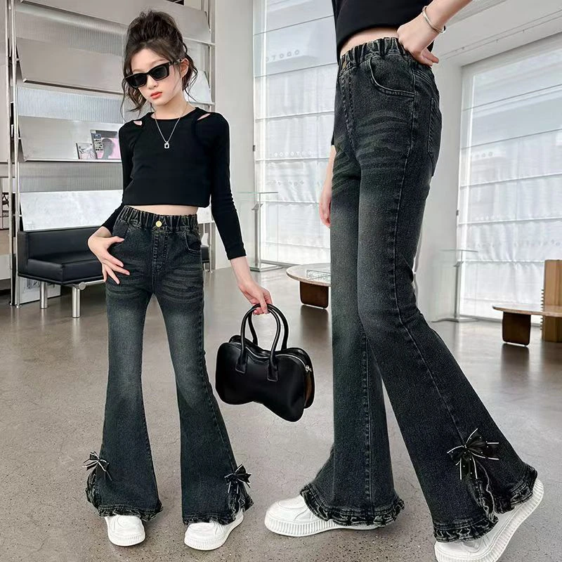 女童裤子春装2025新款春季牛仔裤儿童中大童花边弹力裤百搭喇叭裤