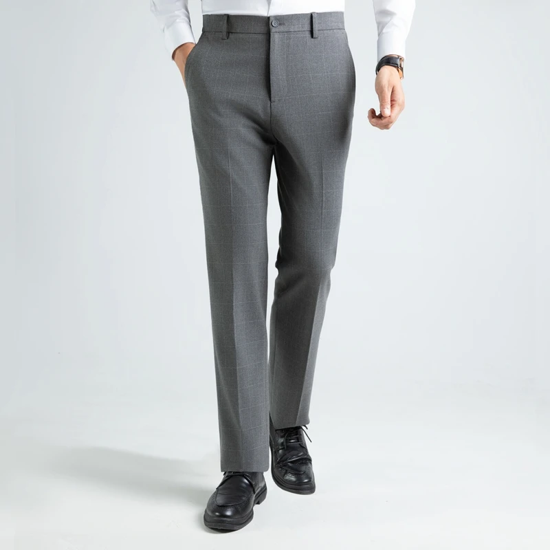 YUEMOYI2025秋季新款弹力格子西裤商务男士修身百搭直筒休闲裤子