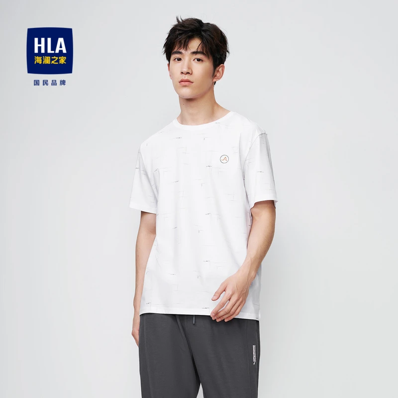 HLA/海澜之家几何线条男士短袖T恤印花圆领丝光棉短t男