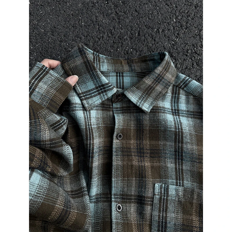 脏脏做旧扎染衬衫男春秋cleanfit美式格纹衬衣高级感港风复古外套