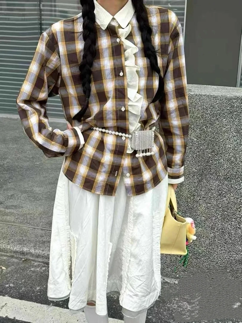 【BAI】小众宽松时尚休闲百搭荷叶边格纹衬衫1192