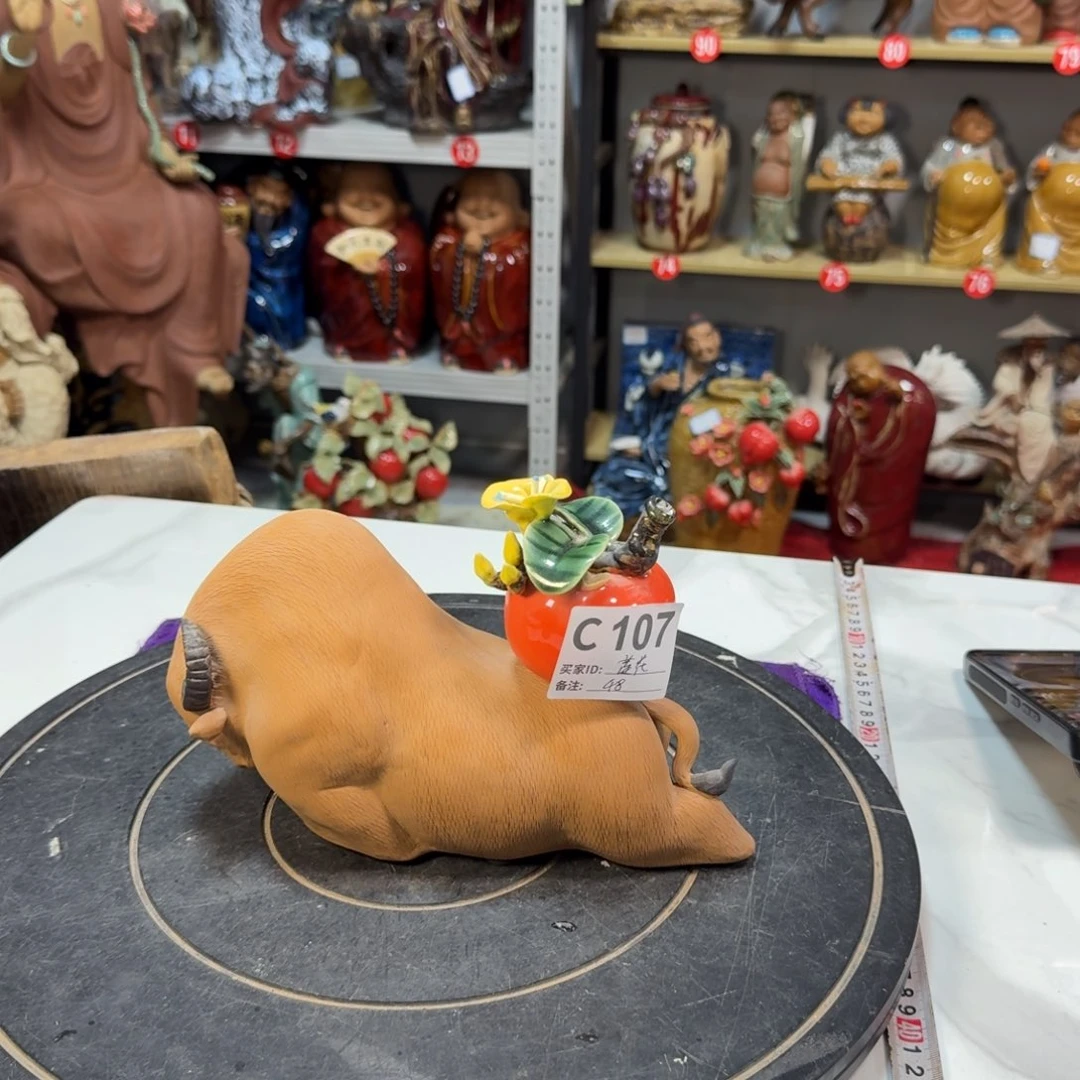 莲***3石湾窑陶瓷摆件牛
