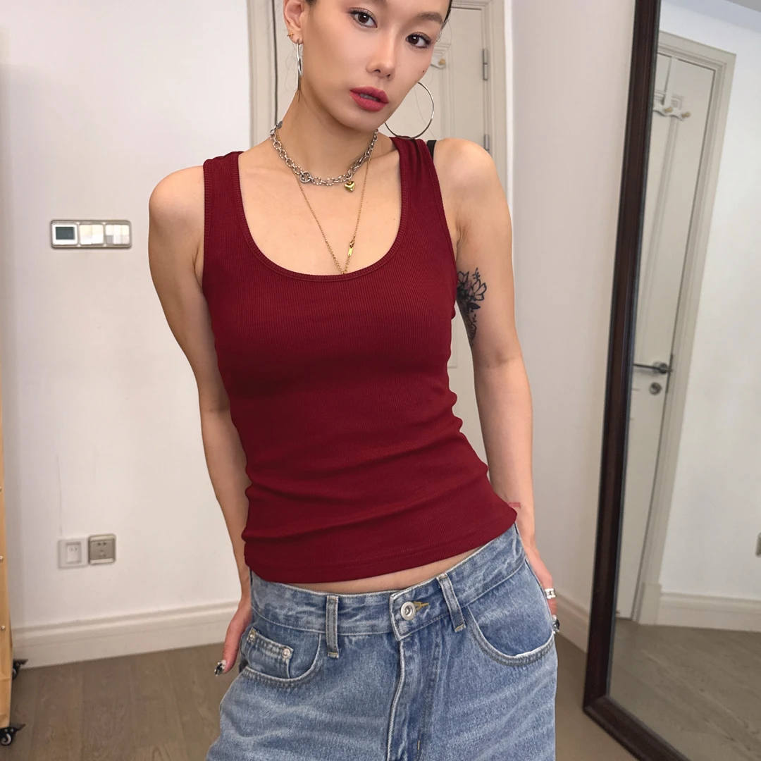 欧美街拍高弹螺纹U领背心纯色高弹修身基础休闲吊带打底衫1613
