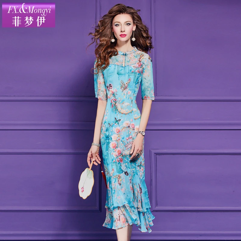 菲梦伊100桑蚕丝原创印花连衣裙女高端真丝钉珠改良旗袍裙子65053