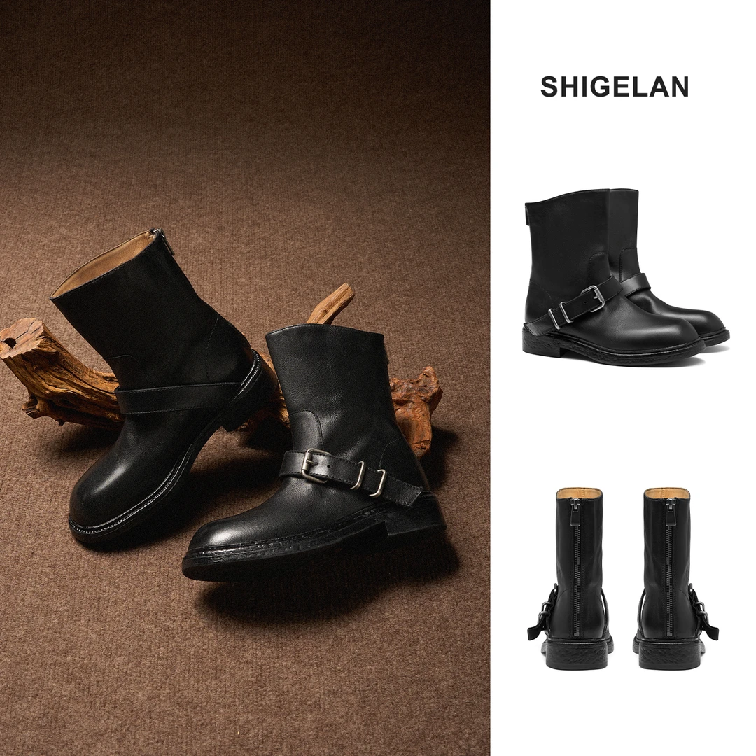 诗歌兰25爆款新款英伦风拉链气质款百搭增高真皮骑士靴女23316-2