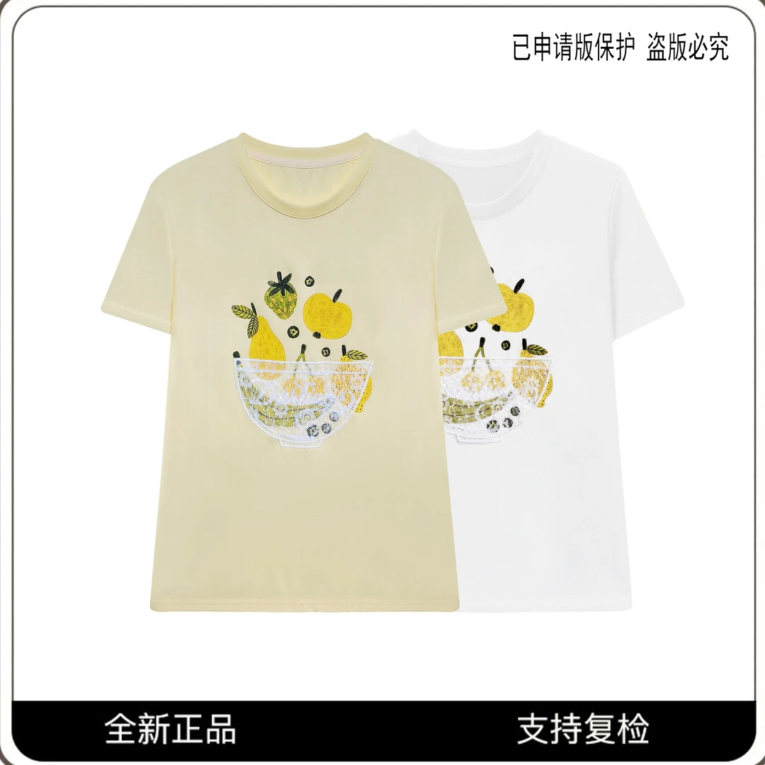 【房房推荐】66559#简约重工蕾丝拼接水果T恤2025春夏潮流个性上衣