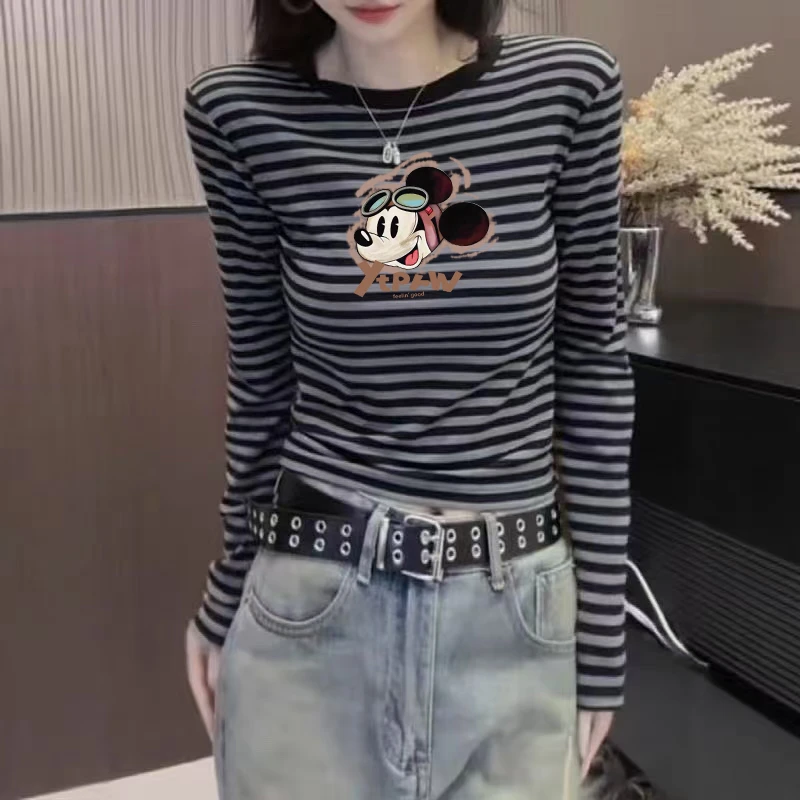 撞色条纹长袖t恤女秋冬修身显瘦内搭德绒保暖打底衫减龄洋气上衣