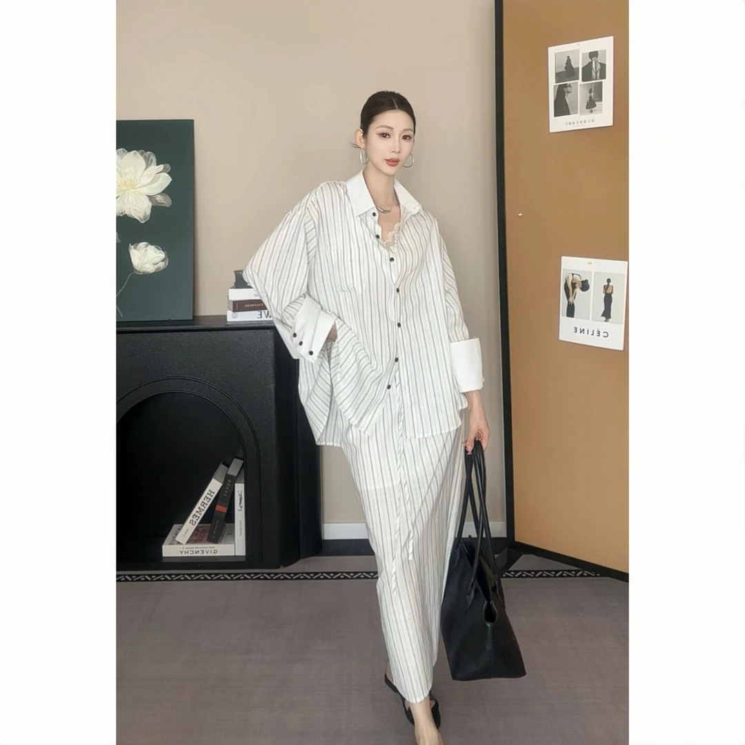 Y018#条纹亚麻衬衫女2025春夏新慵懒风宽松半身裙通勤百搭两件套