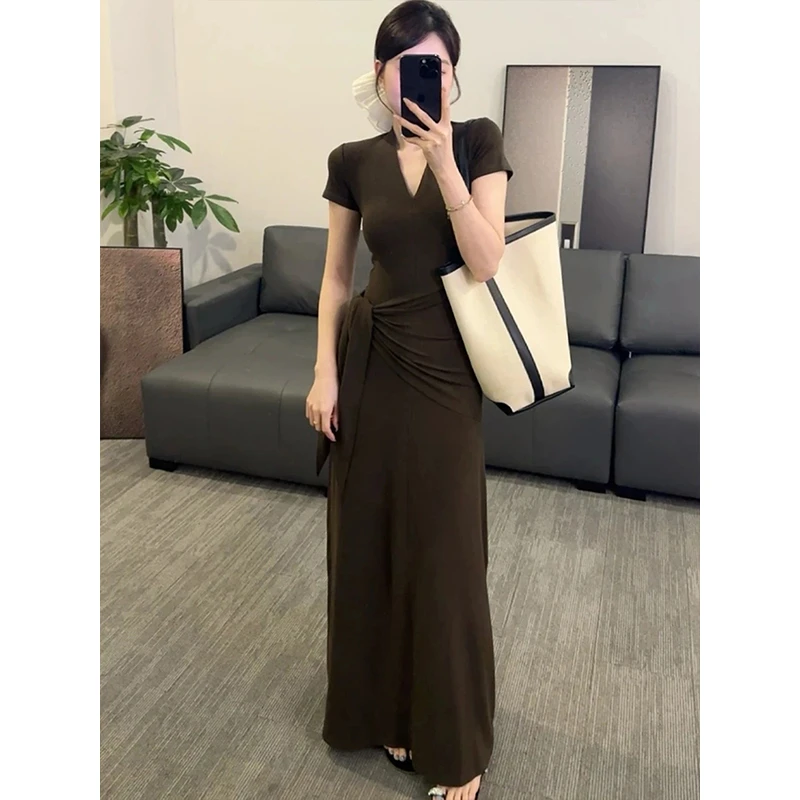 法式复古收腰绑带短袖连衣裙女2025夏季新款修身显瘦气质包臀长裙