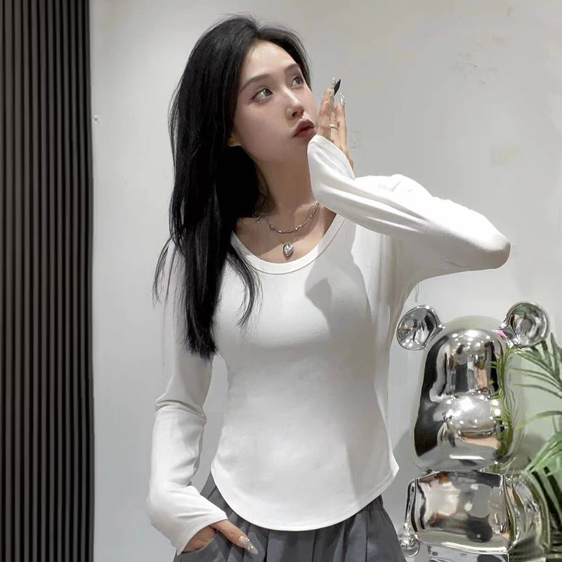 螺纹棉辣妹纯欲风长袖T恤女新款春秋季百搭上衣女修身显瘦打底衫