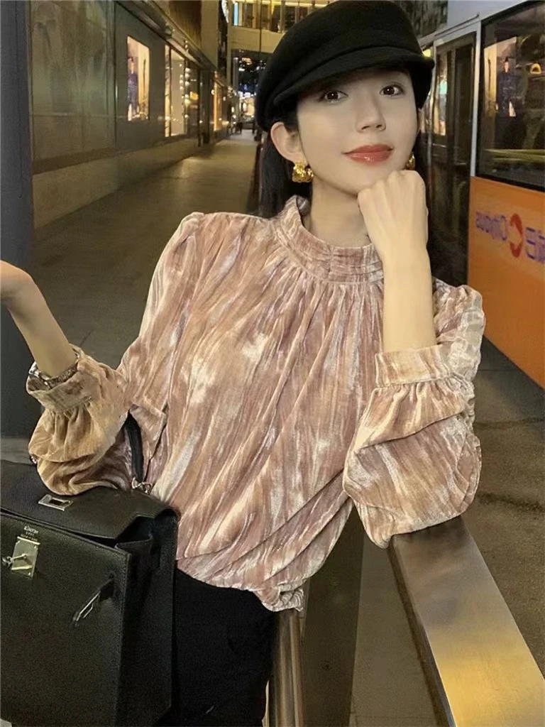 【383】法式气质丝绒打底衫长袖衬衫女新款早秋高级感小香风上衣