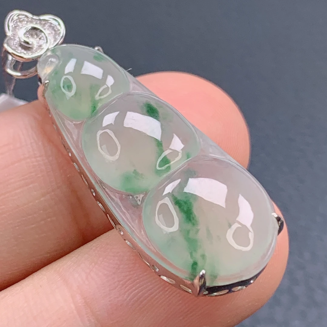 天然缅甸A货冰种冰透飘花翡翠福豆吊坠18k金镶嵌玉挂件