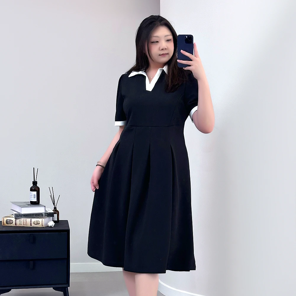 【岩心】大码女装290斤胖MM时尚法式气质修身显瘦翻领小黑裙1230#