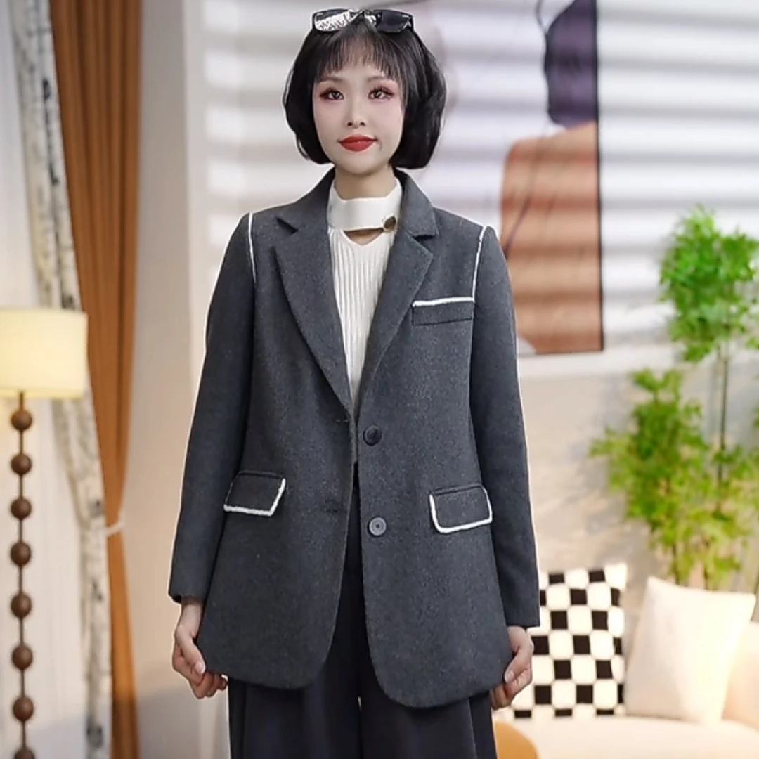 W005春秋时尚气质百搭翻领V领短款美拉德灰色毛呢外套DM8