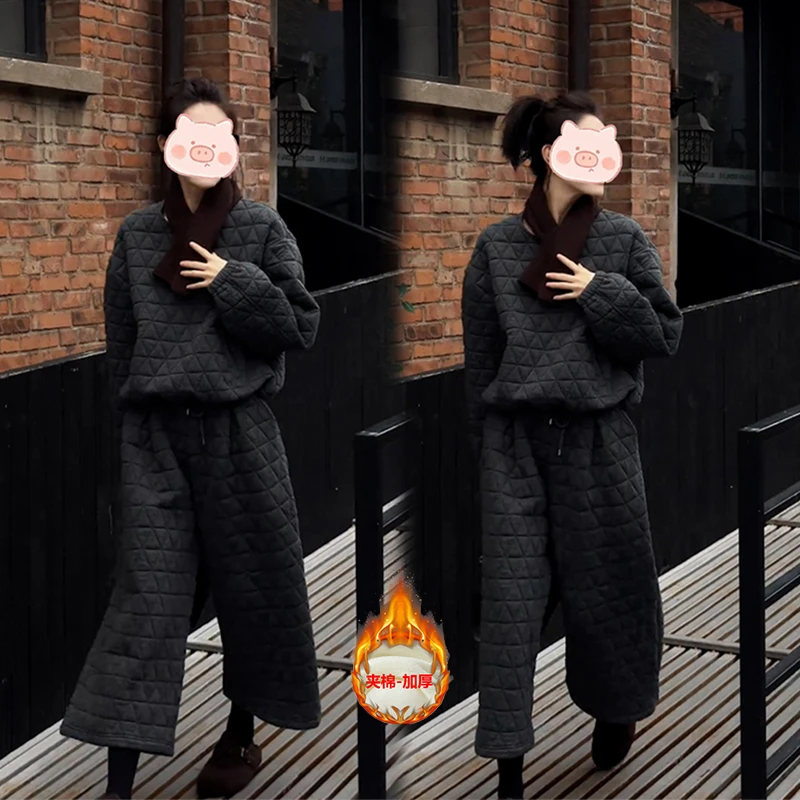 韩系休闲灰色菱格棉服套装女2025新款保暖套头棉衣休闲裤两件套装