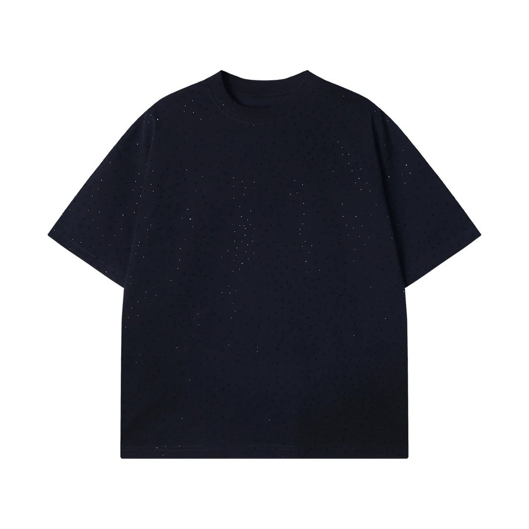 夏季高级感新款潮牌纯色满印烫钻圆领短袖T恤时尚休闲百搭上衣