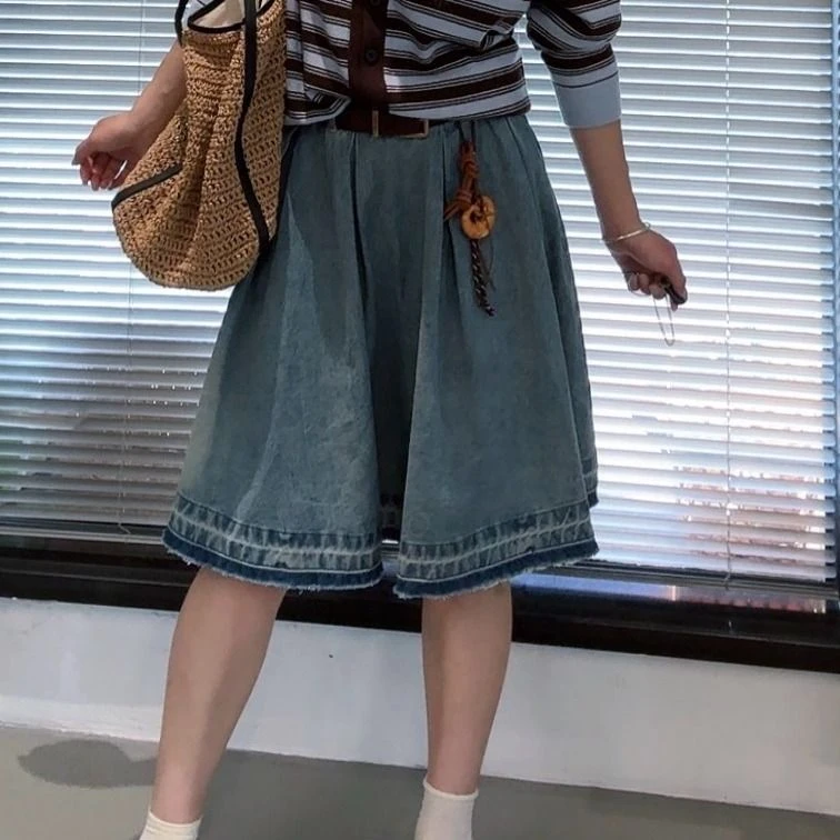 AVVENN｜大挂件牛仔百褶中裙AL71505620休闲半身裙ins
