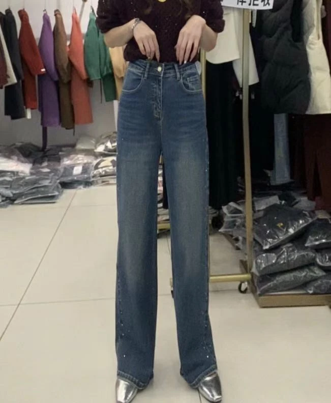 2025秋季新款时尚气质百搭烫钻窄版牛仔直筒裤