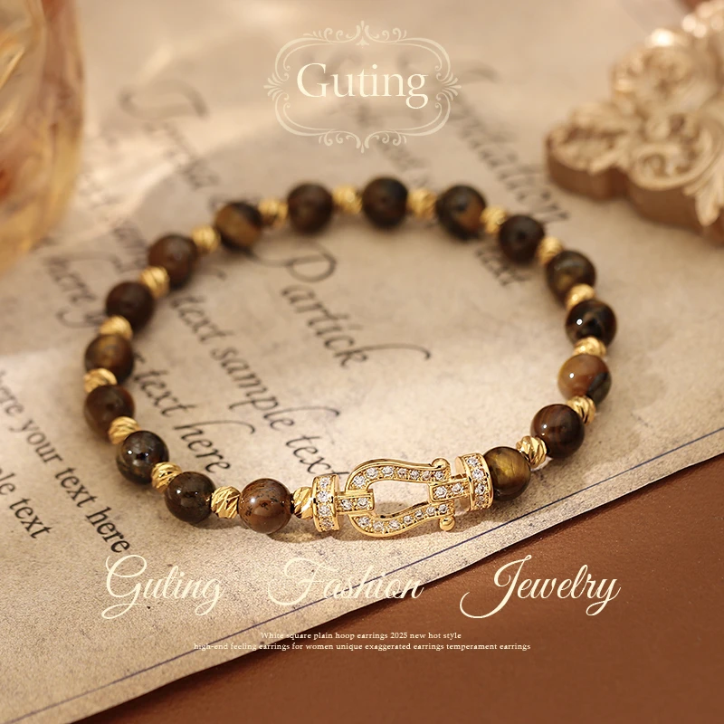 铜合金合成锆石手链 2826金色马蹄扣串珠手串手链轻奢高级手饰品