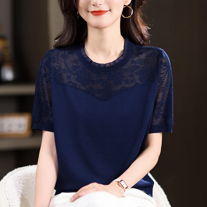 蕾丝针织打底衫女夏季薄款冰丝短袖T恤宽松显瘦大码洋气镂空上衣