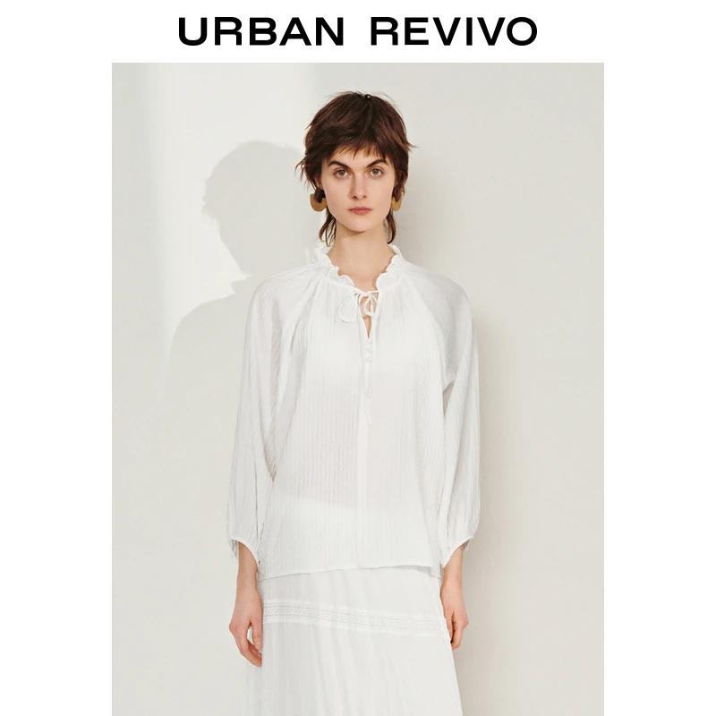 UR2025春季新品女装欧若风木耳边系带肌理感罩衫衬衫UWM250035