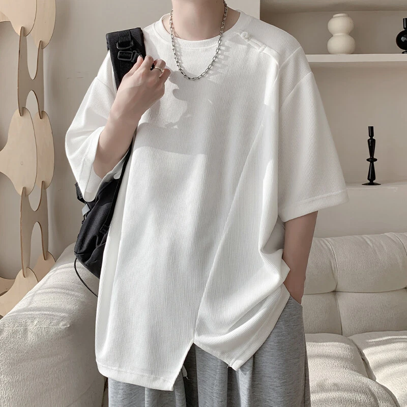 男士t恤短袖轻薄不规则拼接纹理感宽松百搭美式轻奢痞帅男装