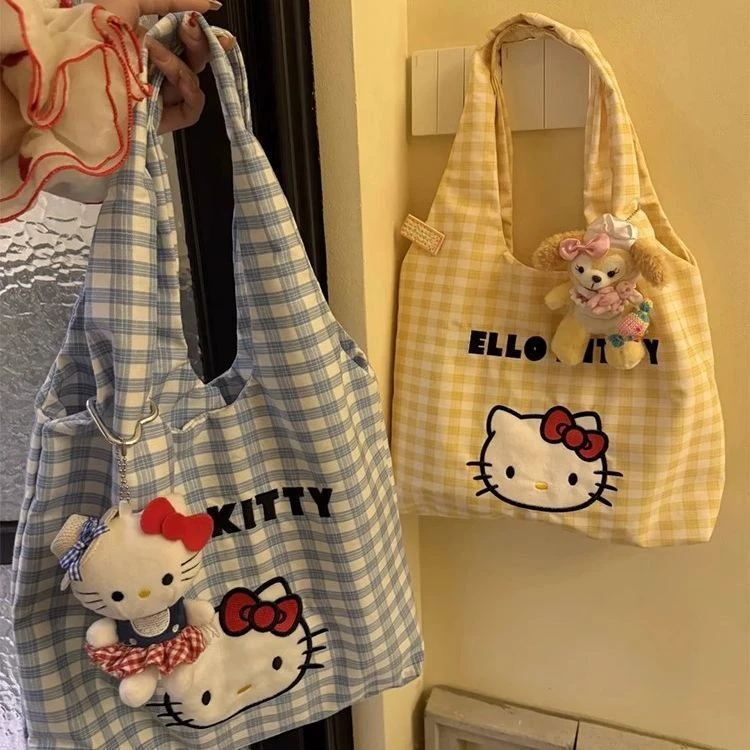 KT格子帆布包女2025大容量便携洗漱收纳袋卡通收纳包少女心百搭