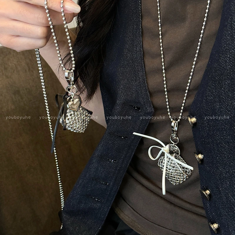 钛钢项链 银色编织爱心丝带包包项链女韩国个性小众斜挎卫衣链416