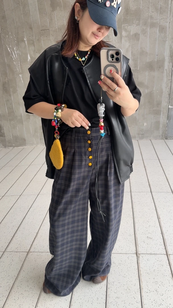 黄色笑脸扣复古百搭格子休闲裤女2025春季宽松直筒拖地裤潮