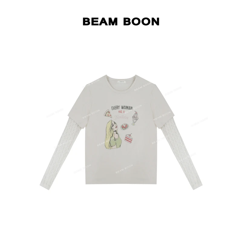 Beam Boon|【甜品小仙女】趣味印花轻盈赛络纺精梳蕾丝拼接长袖上衣