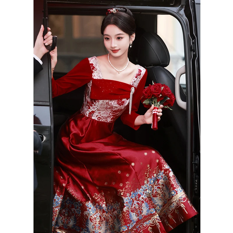 敬酒服新娘2025新款结婚礼服马面裙套装女订婚宴连衣裙长袖春秋季