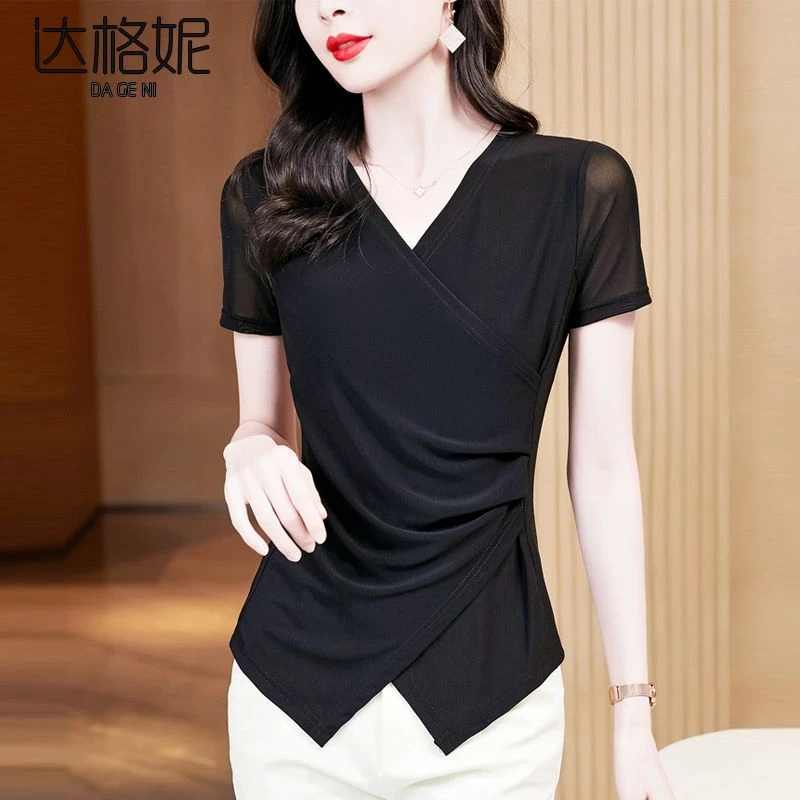 达格妮V领网纱短袖t恤女2025夏季新款不规则收腰显瘦上衣洋气小衫