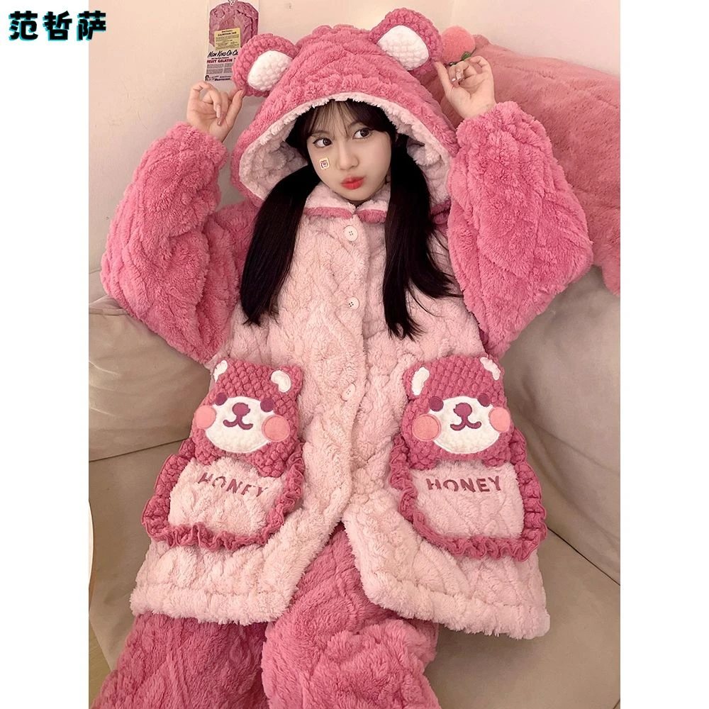 珊瑚绒三层夹棉袄睡衣女冬季天2025新款加厚加绒法兰绒可爱家居服