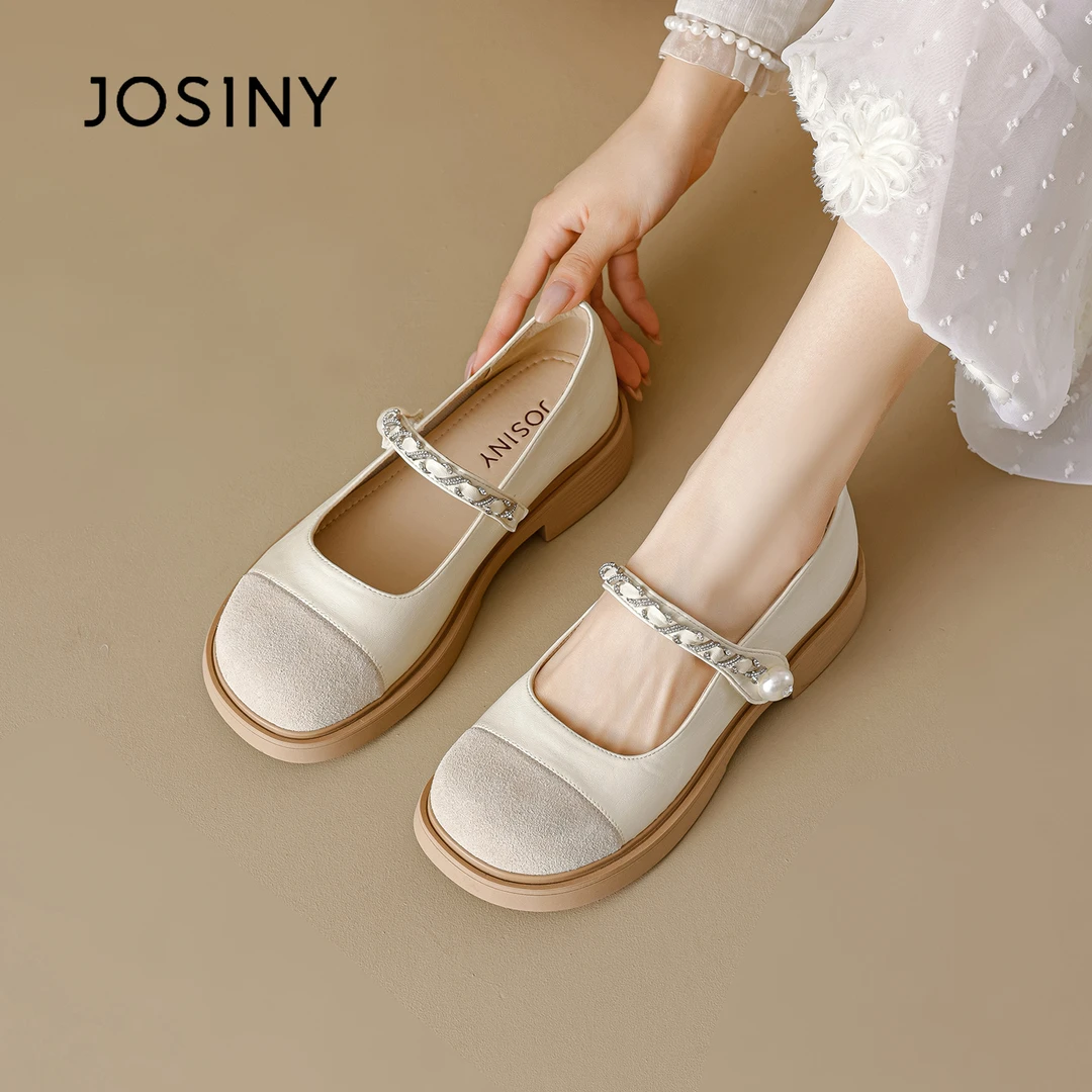 卓诗尼2025新款复古圆头珍珠拼色玛丽珍鞋女舒适软底浅口单鞋百搭