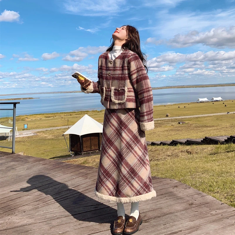 miu系千金风格纹毛呢外套半身裙套装2025冬季新款韩系ins风两件套