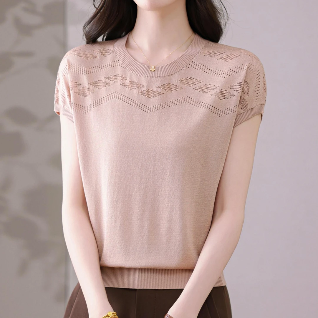 25新款天丝女士镂空圆领宽松遮肉时尚百搭短袖上衣