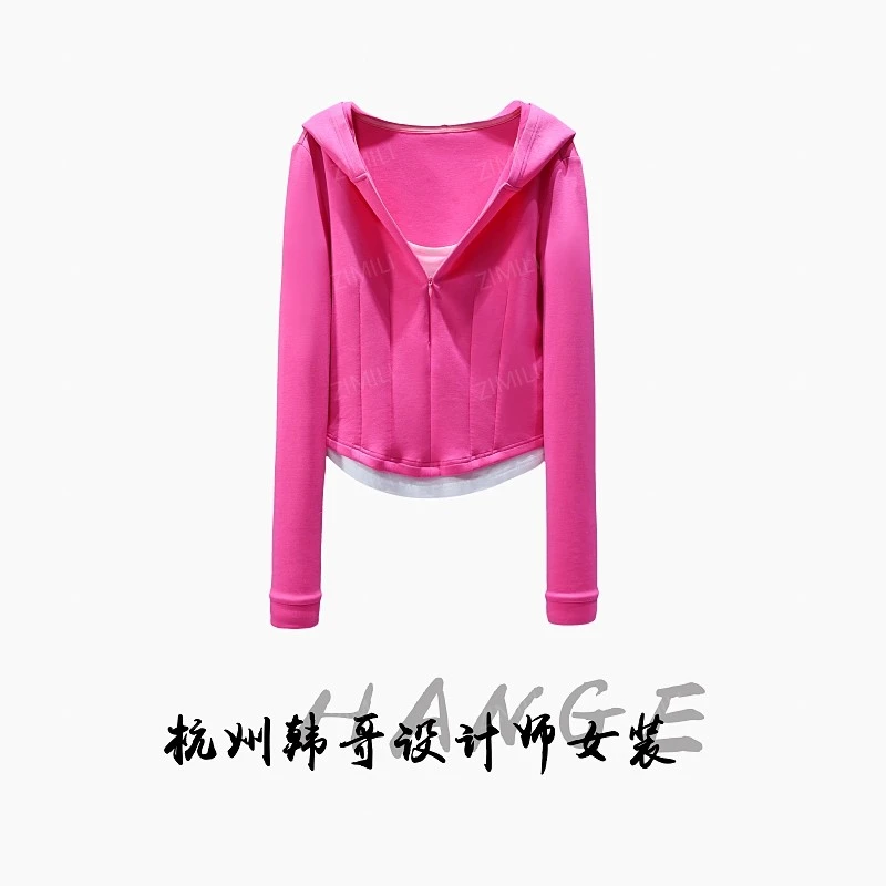 【韩哥女装】2025秋冬《晚霞》洋红色半拉链假两件连帽上衣5325-A0