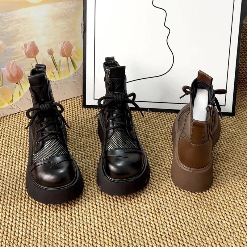 厚底薄款马丁靴女2025新款春夏季时尚小个子英伦风休闲网纱凉靴女