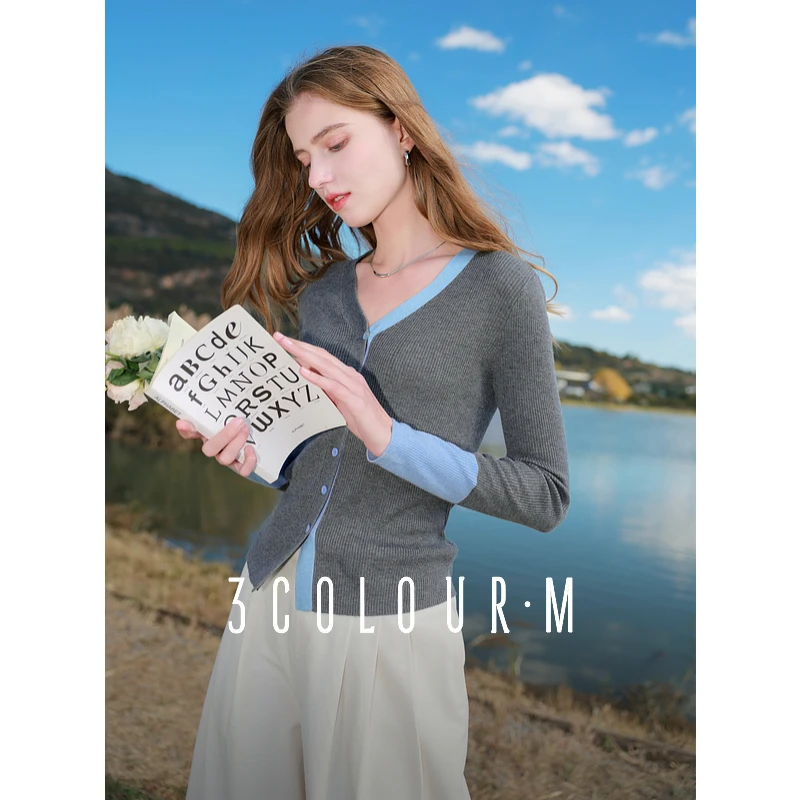 三彩2025春季新款V领撞色毛衫修身显瘦坑条针织衫开衫上衣M