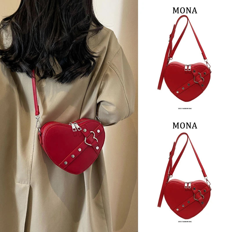 Mona时尚高级感小众斜挎包包女童2025潮新款红色爱心包新年手机包