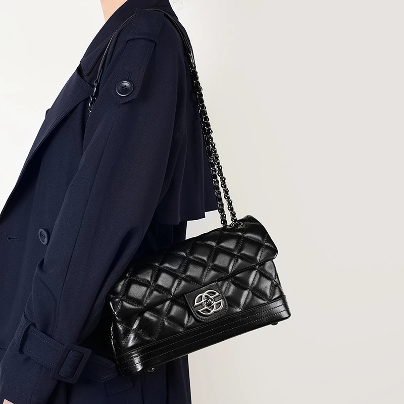 2024新款头层牛皮链条包包女真皮小方包时尚菱格单肩斜挎包百搭包