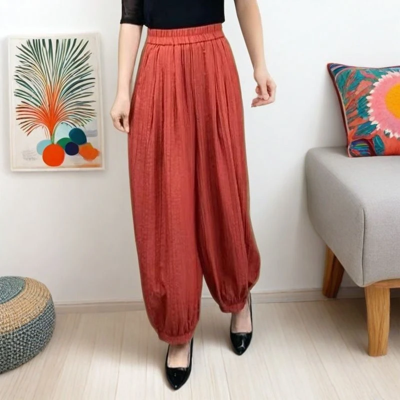 2025春夏薄款女士新年妈妈显瘦宽松高档休闲灯笼裤遮肉高级潮流裤